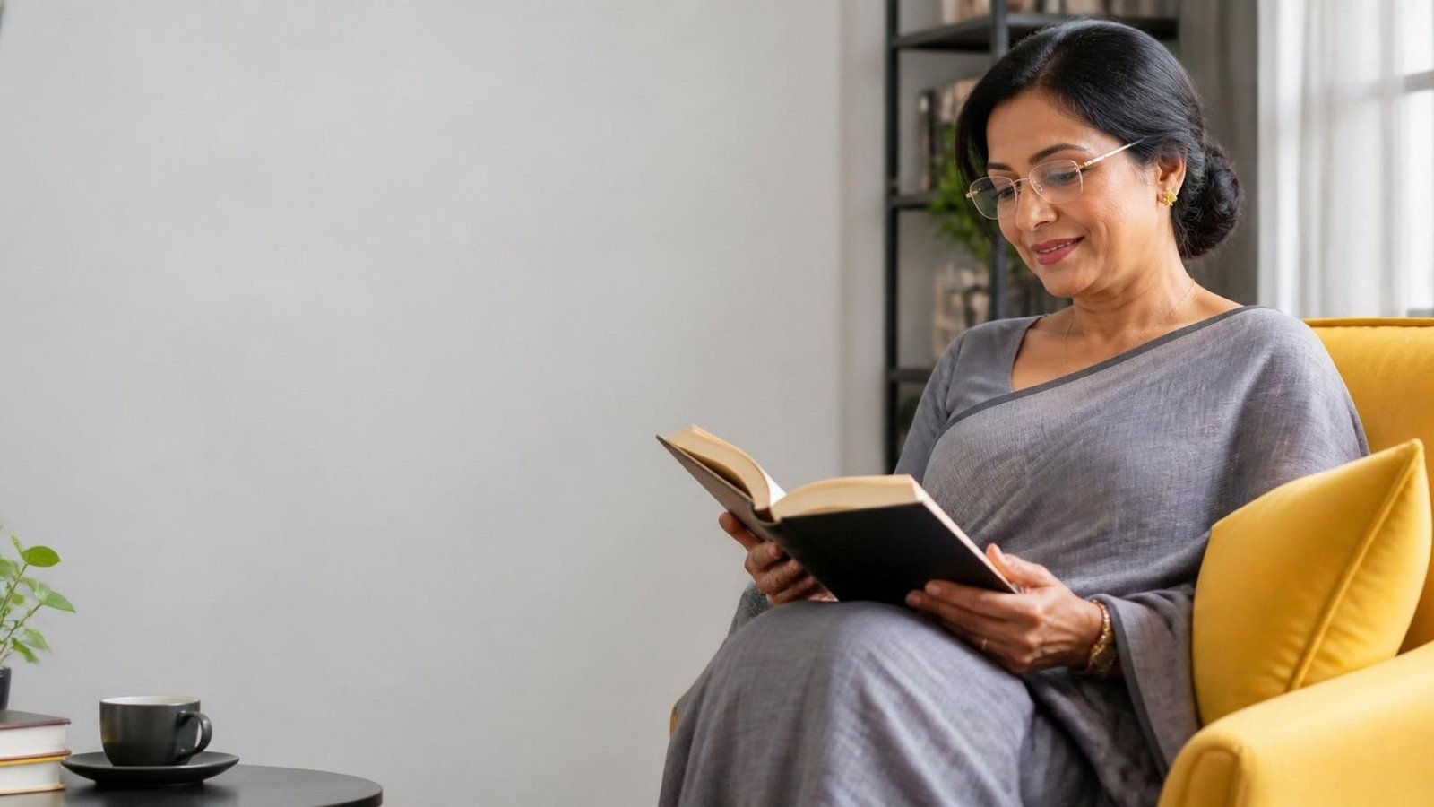 Woman reading a book wearing gold rimless reading glasses